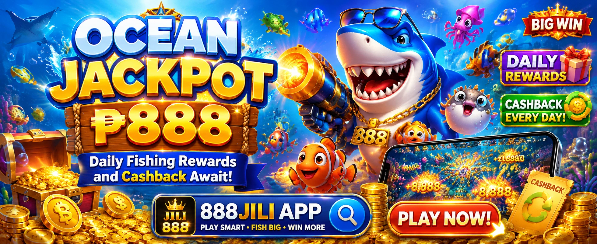 Fishing game room with bright underwater visuals